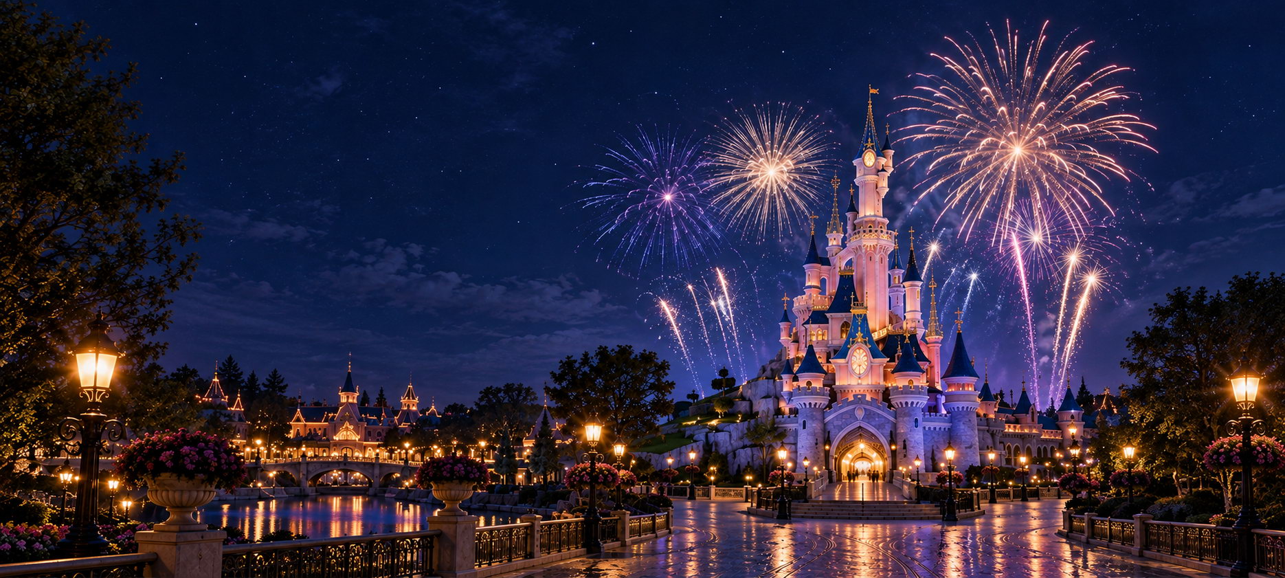 Замок Disneyland Paris и салют ночью